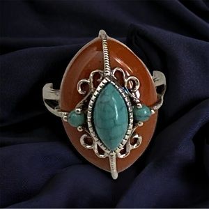 Vintage 925 FP signed red Jasper and turquoise ring